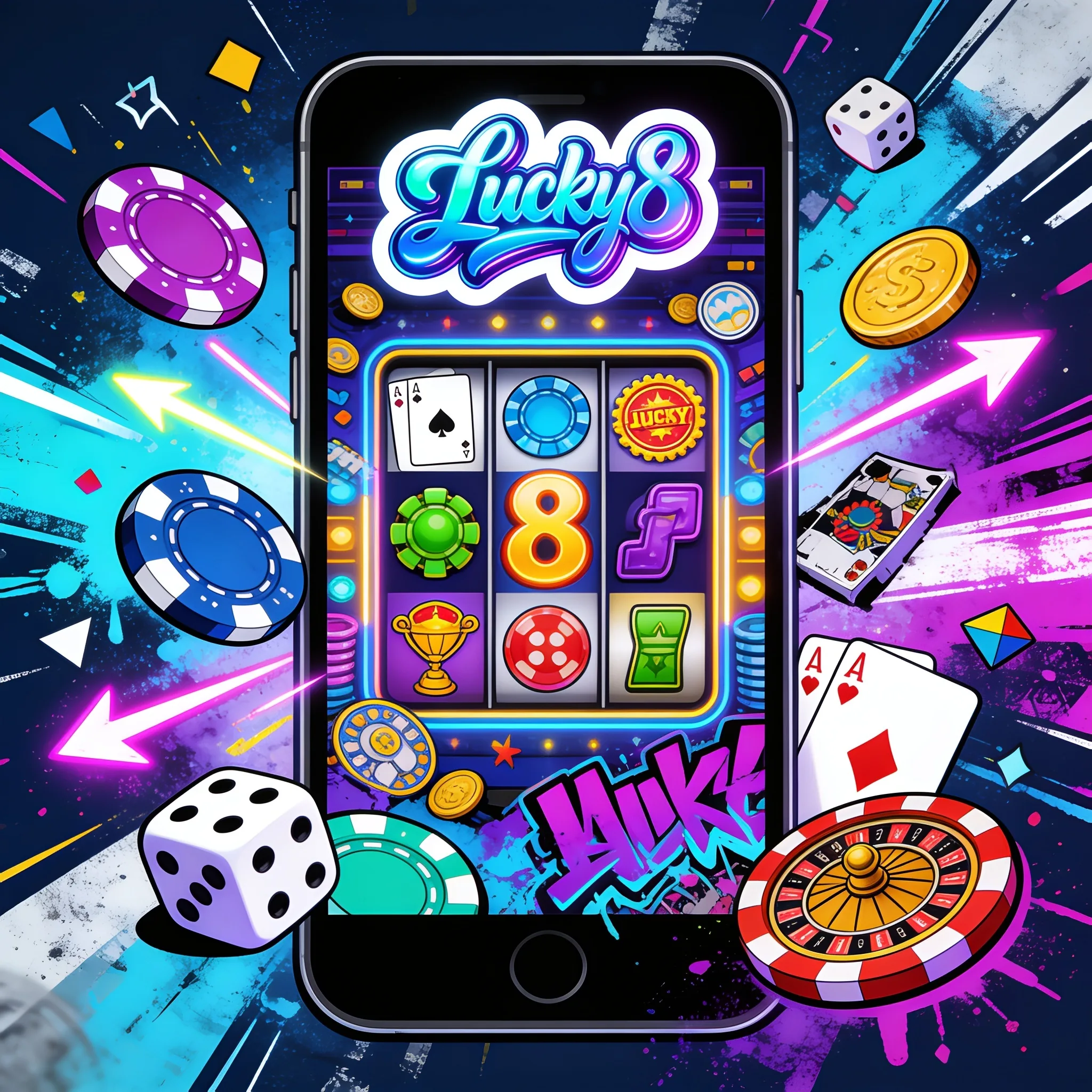 Smartphone Lucky8 montrant une machine à sous, entouré de jetons