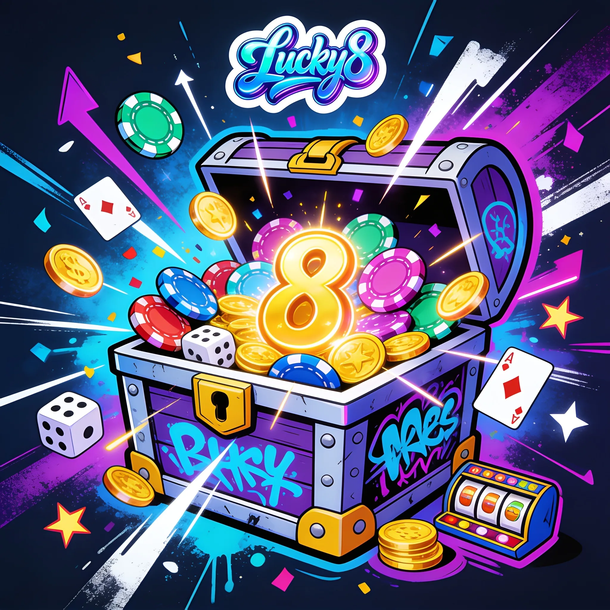 Coffre Lucky8 ouvert avec le chiffre 8, jetons, pièces et cartes